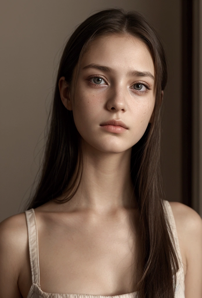 young woman, sad eyes, European facial features