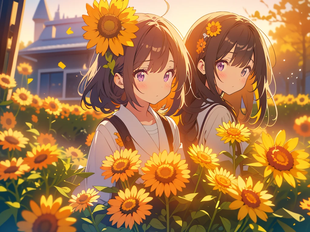 kawaii, anime, Cute, hyper quality, highly detailed, 8k, Clarity, Draw facial expressions in detail, Girl with long dark brown hair and green eyes, Girl with long pale pink hair and purple eyes looking back, small calendula, A hill where small and low calendula grow in clusters, Inciting point of view, Calendula petals are dancing, back to back, look down with a sad expression, look back, whole body, draw two people, small calendula, small calendar officinalis, 