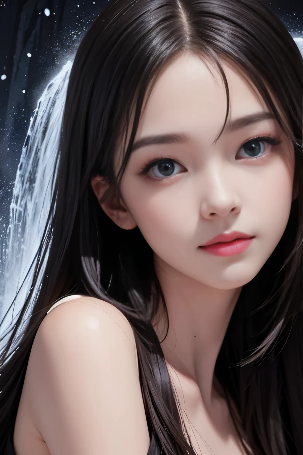 (ultra realistic) , (illustration), (increase resolution), (8K), (extremely detailed), (best illustration), (beautiful detailed eyes), (best quality), (ultra-detailed), (masterpiece), (wallpaper), (detailed face), 1 girl, black straight hair, slender body, delicate details, in the dark, deep shadow, low key, pureerosfaceace_v1, happy smile, summer dress, waterfall, rainforest