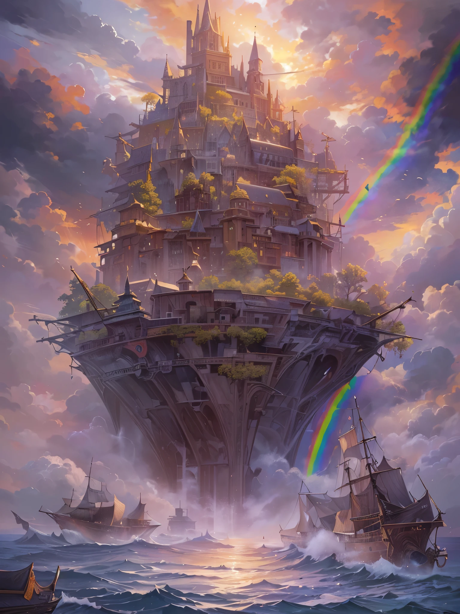 ((Highest quality)),(Ultra-high resolution),(Super detailed),(Detailed Description),((The best CG)),(masterpiece),Highly detailed art,(Art with precise detail:1.5), Wind:1.5,A new premonition:1.1, My heart leaps:1.5, Gray clouds, Times have changed, Distant future:1.6, Make a rainbow, The sun sets far above the burning horizon:1.4,