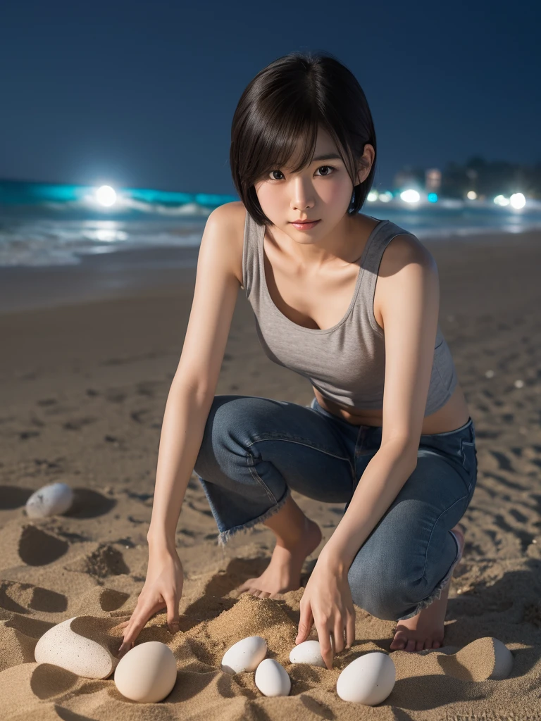 photo realistic, a Korean girl, short hair, wearing a gray tanktop, short jeans, was squatting on the beach with his hands raking through the sand and piles of white eggs, outdoor atmosphere on the beach at night, pitch black, flashlight focused on him.