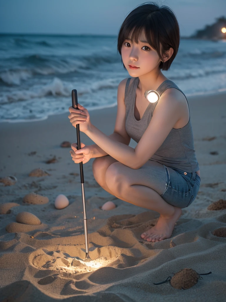 photo realistic, a Korean girl, short hair, wearing a gray tanktop, short jeans, was squatting on the beach with his hands raking through the sand and piles of white eggs, outdoor atmosphere on the beach at night, pitch black, flashlight focused on him.