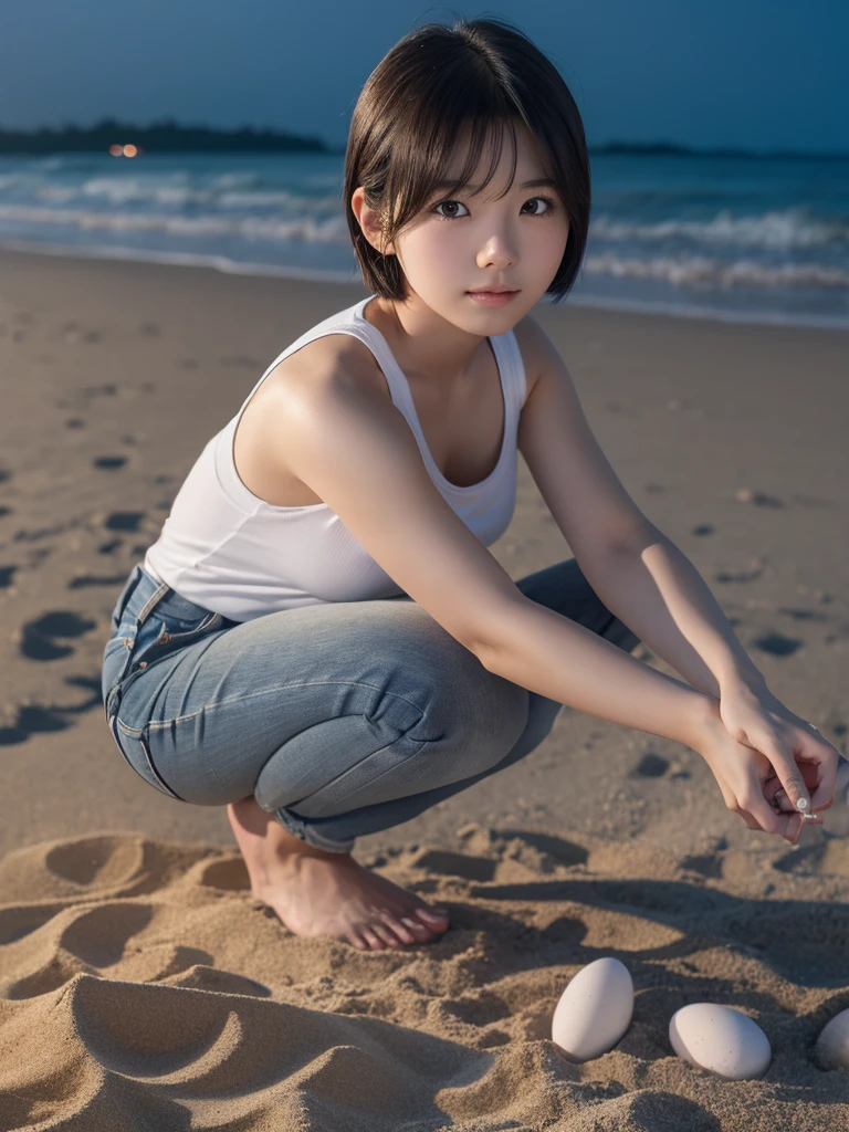 (Shoot from below:1.5), Rear Angle, (From below :1.4), (Crotch focus:1.2), (low angles:1.2), BREAK, top-quality, masterpiece, Photonic style, high-detail, 16k picture quality, beautiful a girl, look at a camera, Depicts the whole body, Squatting, plump big breasts, Constricted waist, White Short Sleeve Blouse, Short length pleated skirt, Sheer , Lace panties, Navel Ejection, Crimson sky, Madder clouds, Dazzling sunset light, suns, Orange Sea, sand beach, Splash,