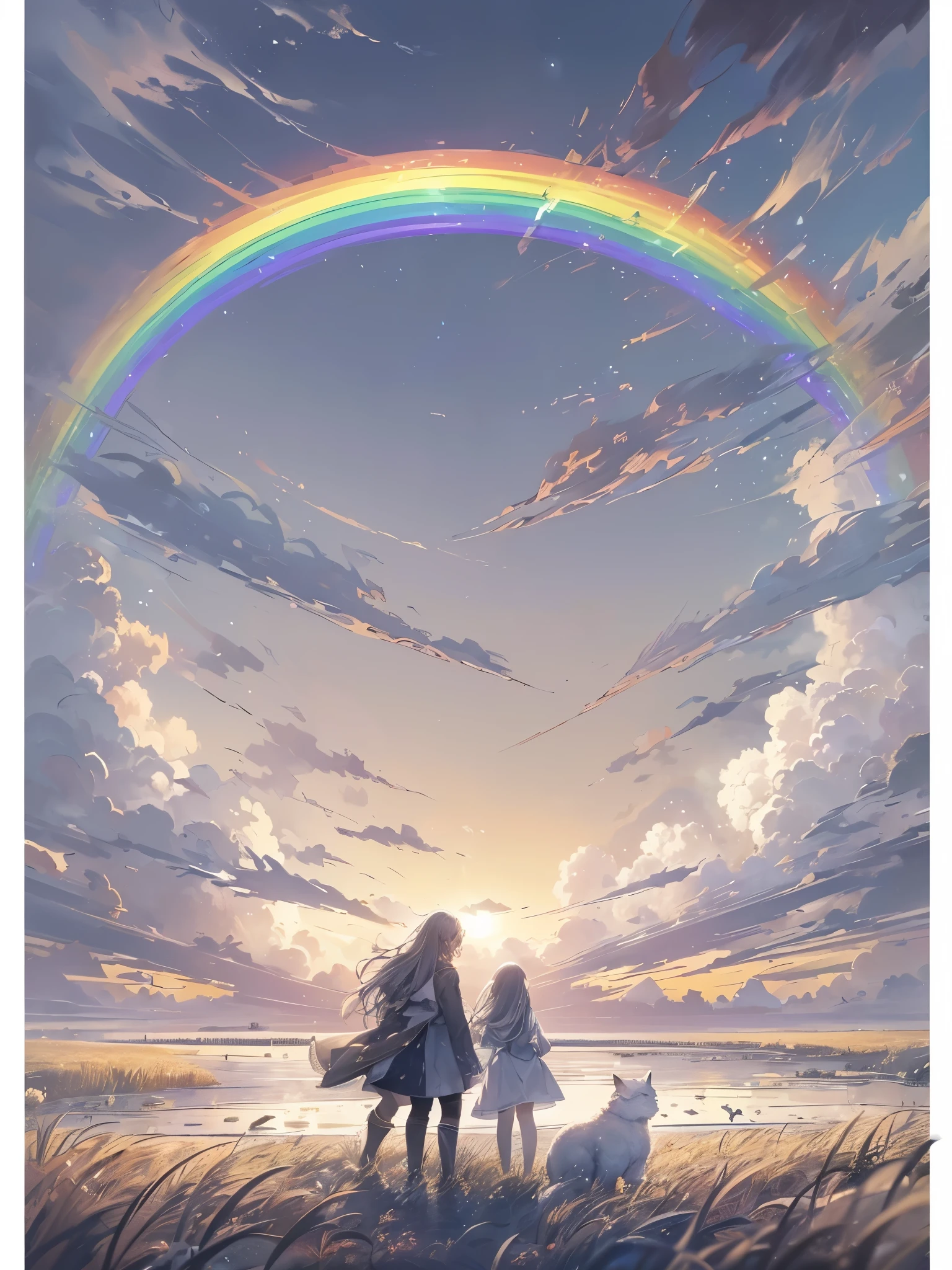 ((Highest quality)),(Ultra-high resolution),(Super detailed),(Detailed Description),((The best CG)),(masterpiece),Highly detailed art,(Art with precise detail:1.5), Wind:1.5,A new premonition:1.1, My heart leaps:1.5, Gray clouds, Times have changed, Distant future:1.6, Make a rainbow, The sun sets far above the burning horizon:1.4,