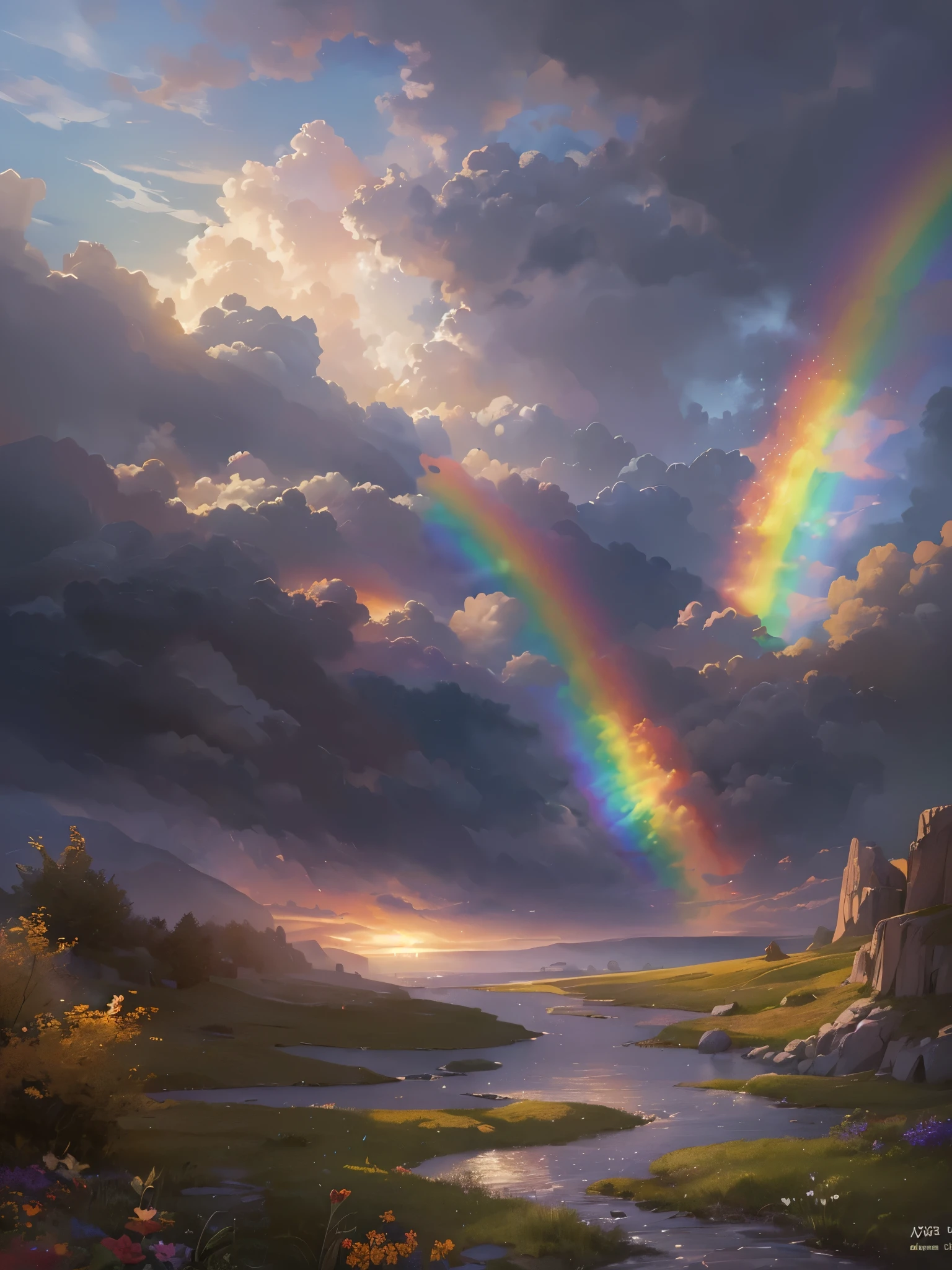 ((Highest quality)),(Ultra-high resolution),(Super detailed),(Detailed Description),((The best CG)),(masterpiece),Highly detailed art,(Art with precise detail:1.5), Wind:1.5,A new premonition:1.1, My heart leaps:1.5, Gray clouds, Times have changed, Distant future:1.6, Make a rainbow, The sun sets far above the burning horizon:1.4,