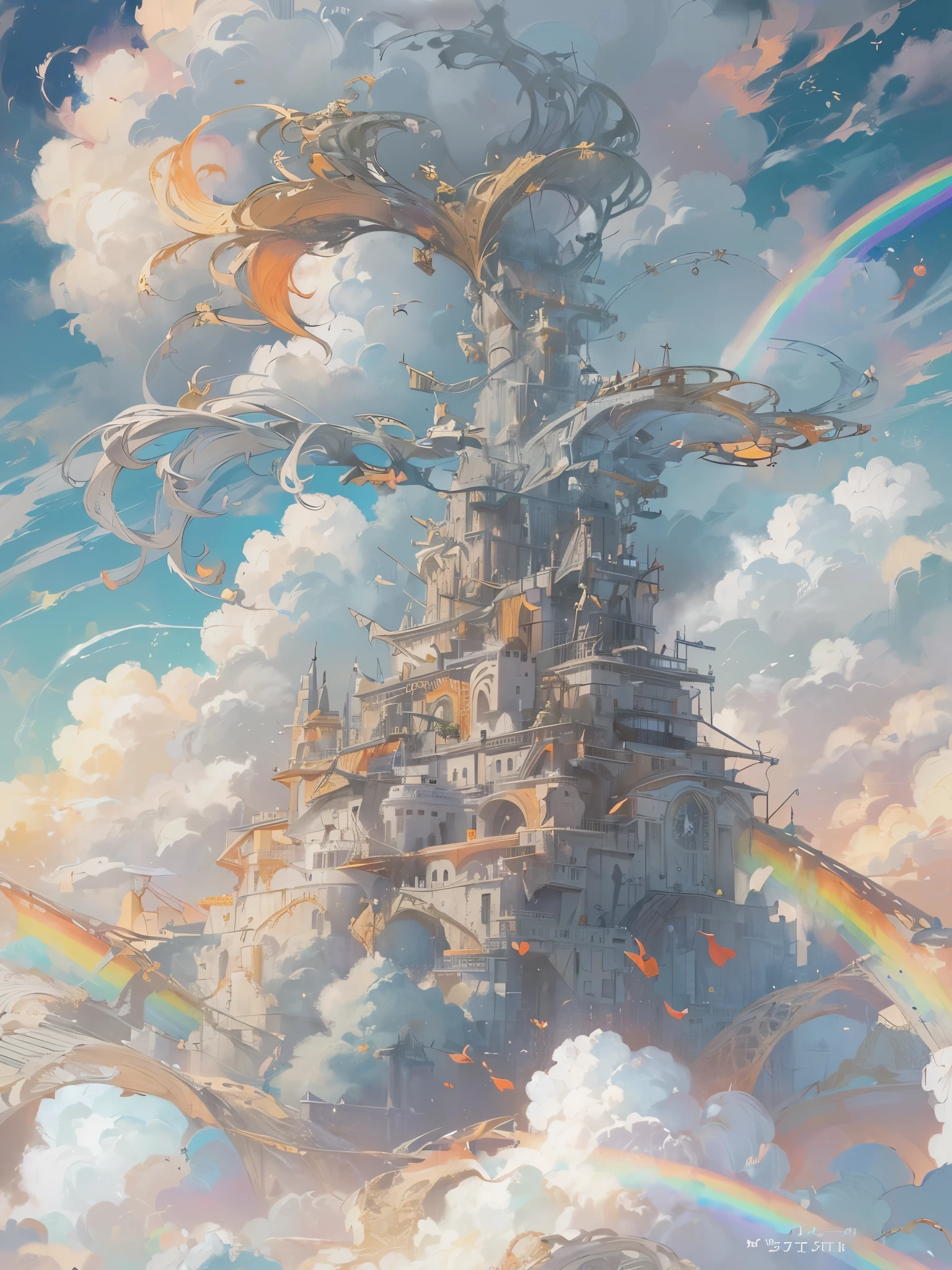 ((Highest quality)),(Ultra-high resolution),(Super detailed),(Detailed Description),((The best CG)),(masterpiece),Highly detailed art,(Art with precise detail:1.5), Wind:1.5,A new premonition:1.1, My heart leaps:1.5, Gray clouds, Times have changed, Distant future:1.6, Make a rainbow, The sun sets far above the burning horizon:1.4,