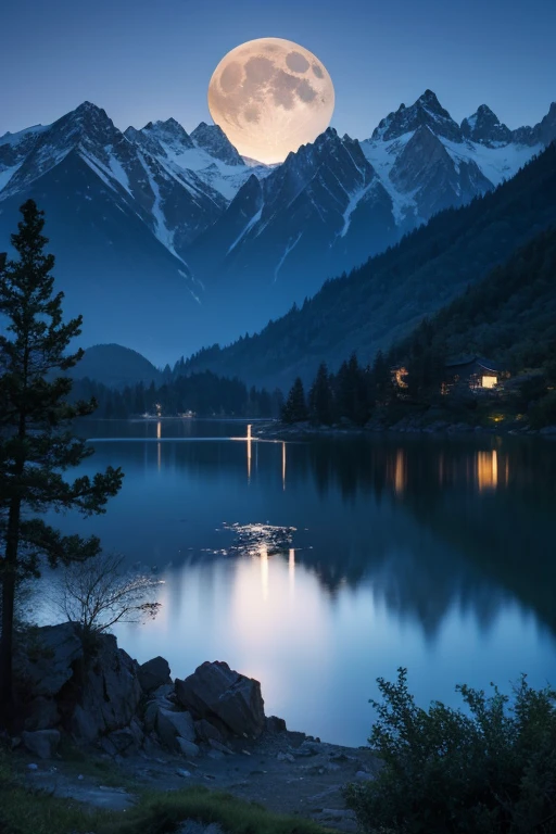 Highest quality、masterpiece、Landscape painting、Moon, Mountains and Lakes、night、Surrealism