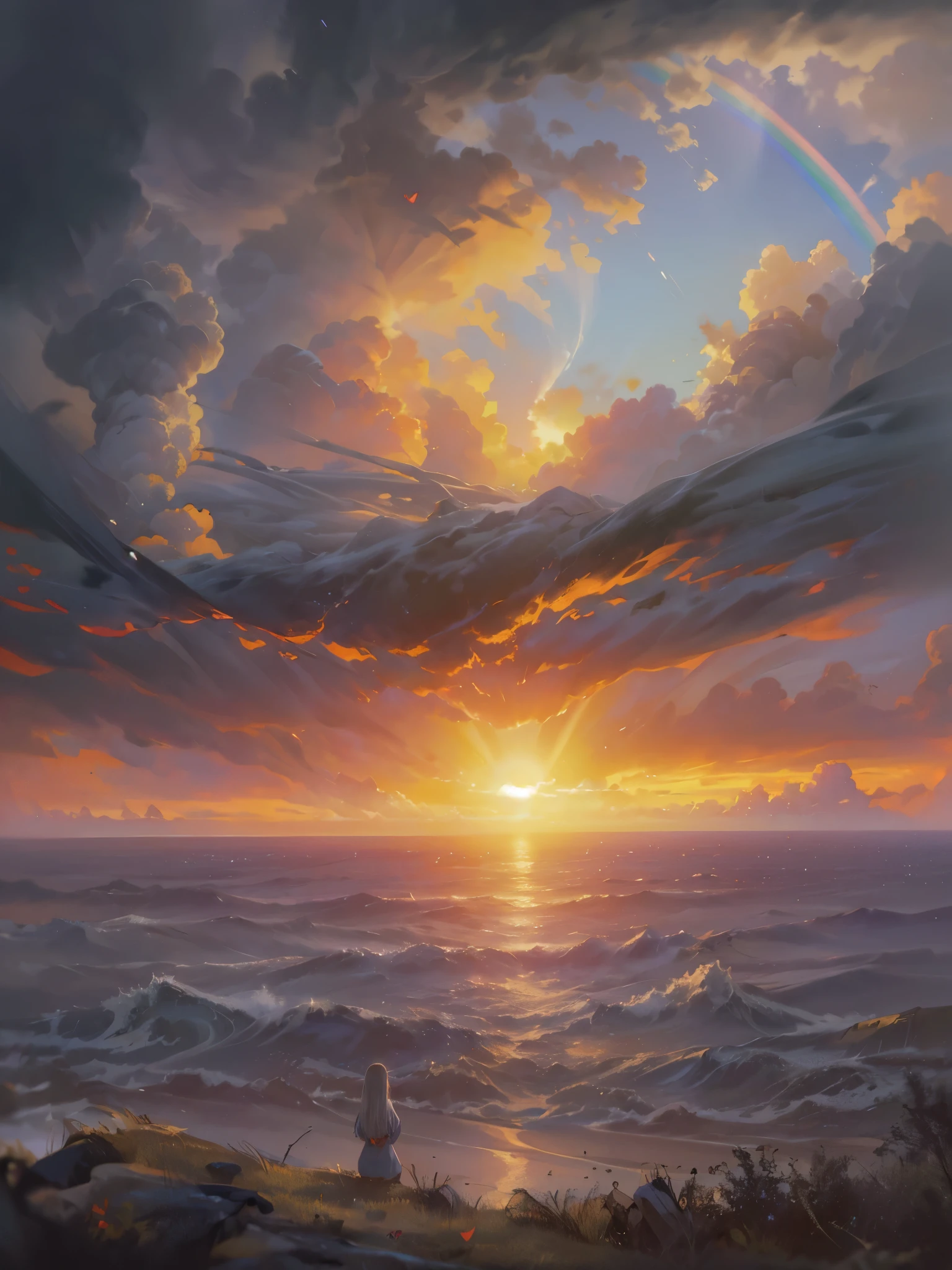 ((Highest quality)),(Ultra-high resolution),(Super detailed),(Detailed Description),((The best CG)),(masterpiece),Highly detailed art,(Art with precise detail:1.5), Wind:1.5,A new premonition:1.1, My heart leaps:1.5, Gray clouds, Times have changed, Distant future:1.6, Make a rainbow, The sun sets far above the burning horizon:1.4,