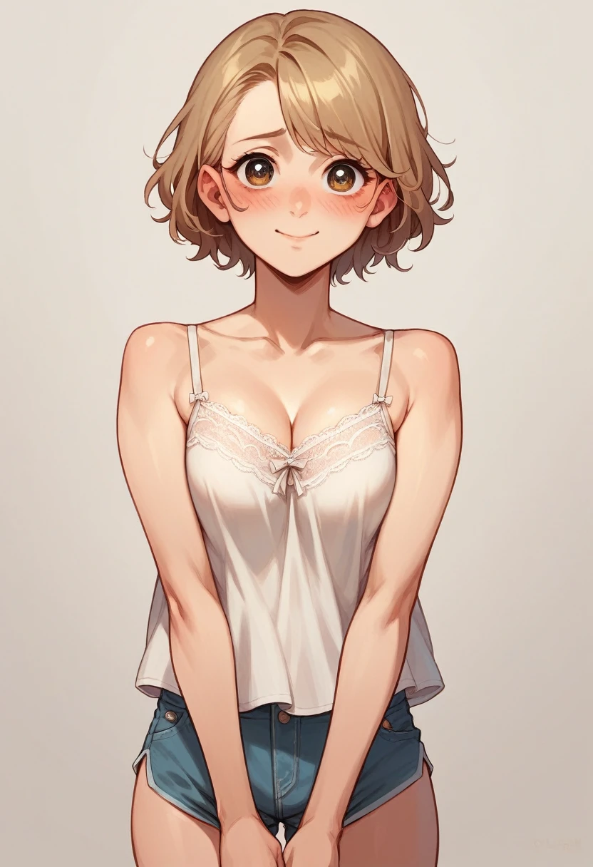 detailed eyes, 1girl, a young woman in a delicate, lace-trimmed camisole top and matching panty, standing, cinematic composition, shy smile, ((blush)), middle breasts, simple background, best quality, ultra-detailed, middle hair,