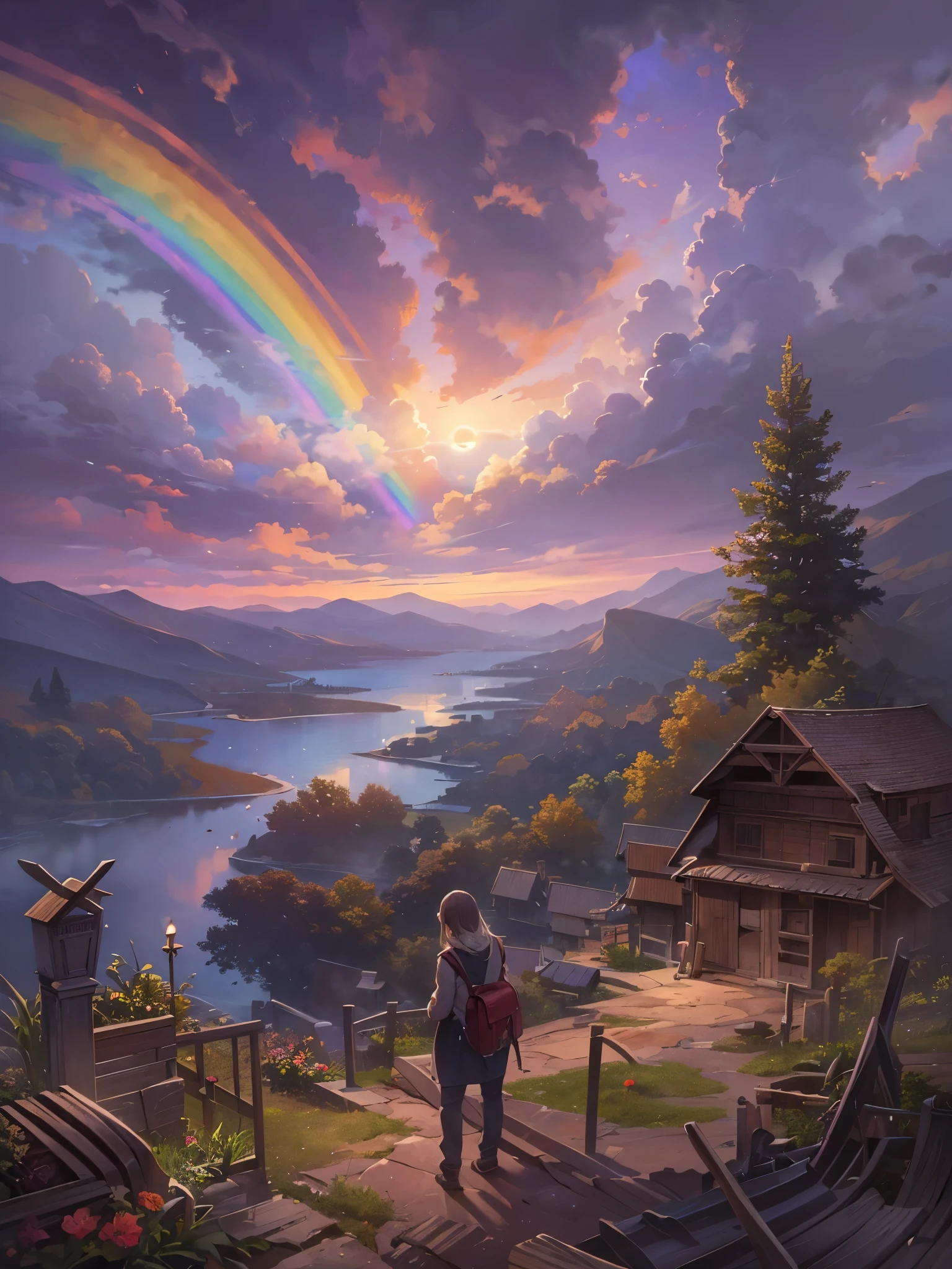 ((Highest quality)),(Ultra-high resolution),(Super detailed),(Detailed Description),((The best CG)),(masterpiece),Highly detailed art,(Art with precise detail:1.5), Wind:1.5,A new premonition:1.1, My heart leaps:1.5, Gray clouds, Times have changed, Distant future:1.6, Make a rainbow, The sun sets far above the burning horizon:1.4,
