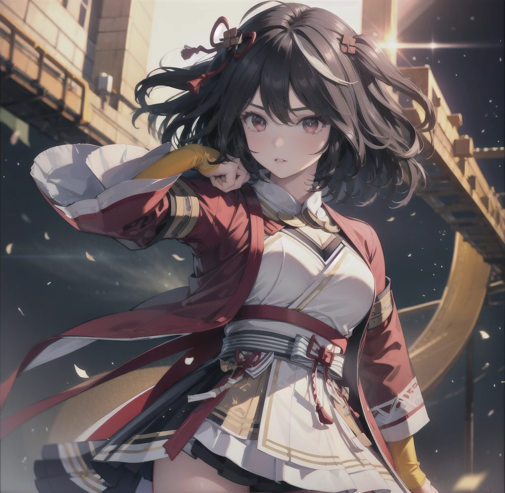animesque、a beauty girl、JAL、airport、A dark-haired、Black eyes glow、ssmile、scarf、Beautiful breasts