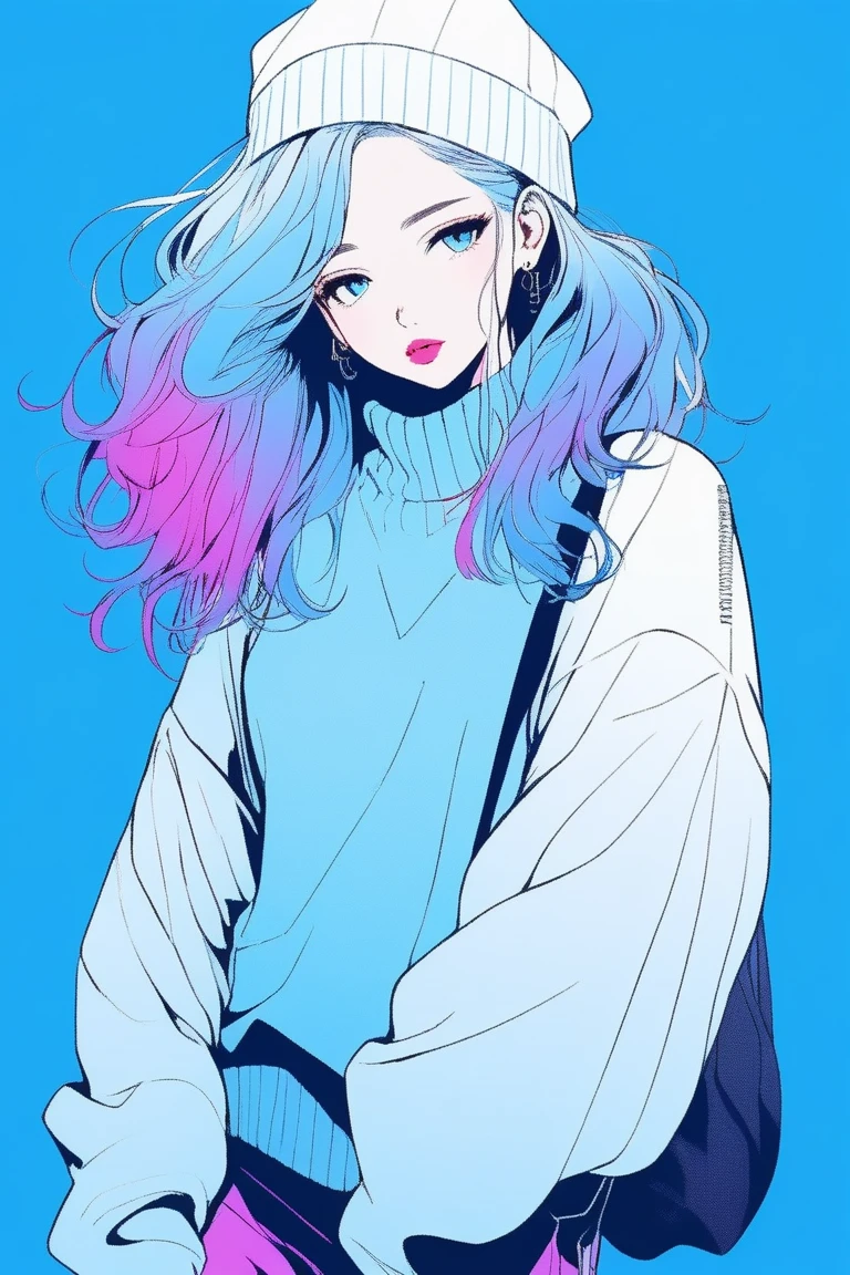 Illustrator, Japanese Manga , practical ,sketch , 1 girl, ,lips, sweater,order, Blue gradient background, Neon Hair,Texture Trim, Canada, (masterpiece,Highest quality) Cancer