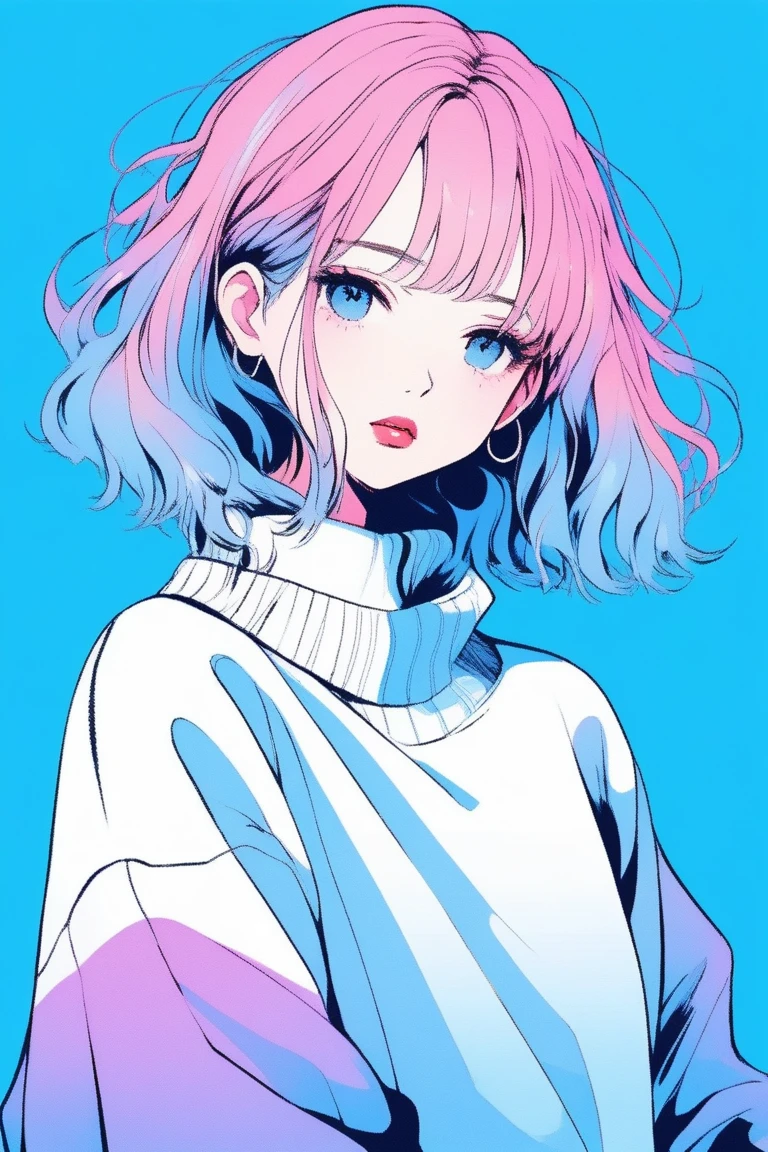 Illustrator, Japanese Manga , practical ,sketch , 1 girl, ,lips, sweater,order, Blue gradient background, Neon Hair,Texture Trim, Canada, (masterpiece,Highest quality) Cancer