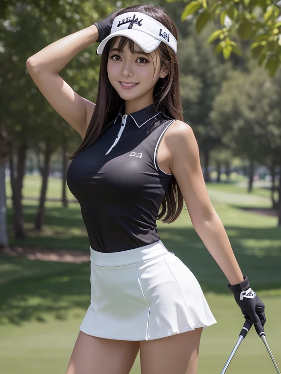 Spread your legs、Lacy black underwear、Focused on the crotch, cotton,Very detailed CG Unity 8k 壁紙, Highest quality, Very detailed, Tabletop, Realistic, Like the picture, Very detailed美しい女性, 25-year-old woman,the body is slim,(Tight golf wear) , (golf mini skirt) , (Wearing golf gloves)、 Dark brown long hair、 ((bangs)),Round eyes, Big eyes、((The shape of the nipples is visible even through clothing))、Realistic female hands, blush, smile, Release your lips, Full Body Shot, ((Golf wear that fits your body))、Golf course、Stand upright、Random Face,smile,,