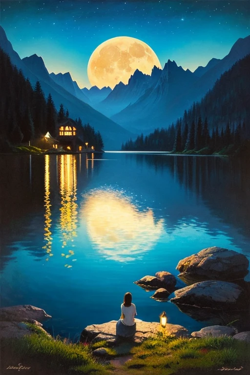 Highest quality、masterpiece、Landscape painting、Moon, Mountains and Lakes、night、Surrealism