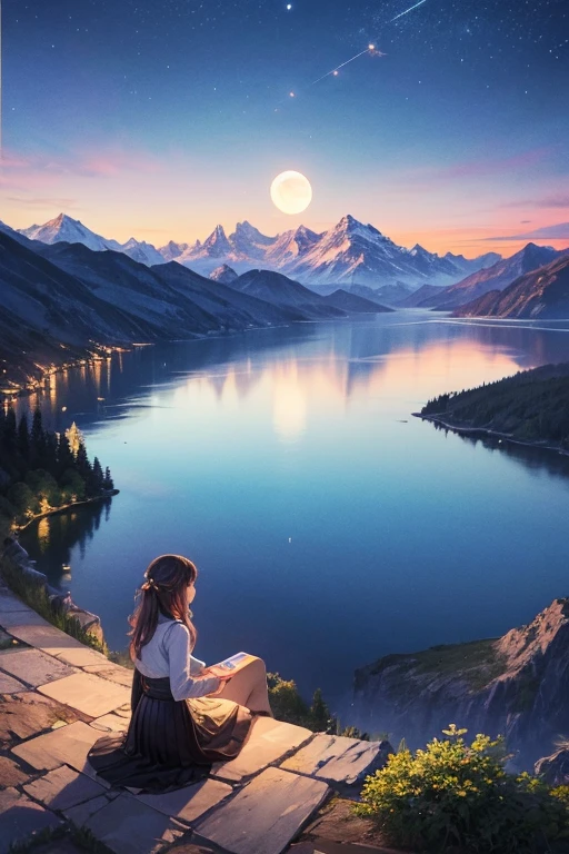 Highest quality、masterpiece、Landscape painting、Moon, Mountains and Lakes、night、Surrealism