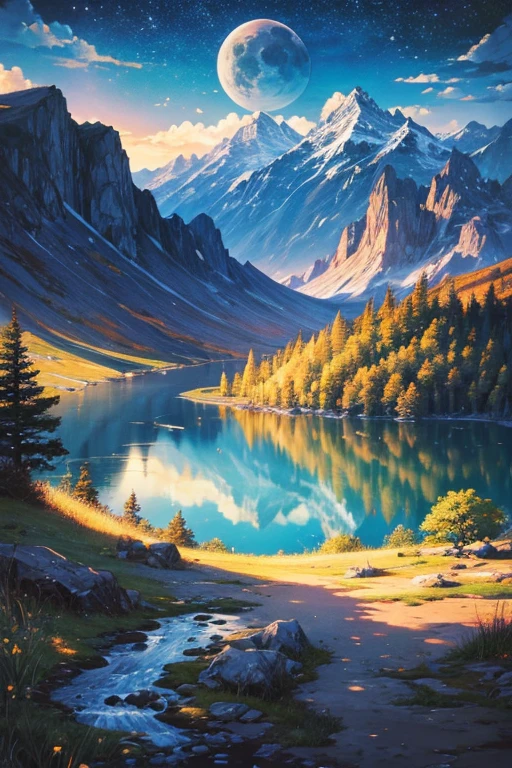 Highest quality、masterpiece、Landscape painting、Moon, Mountains and Lakes、night、Surrealism