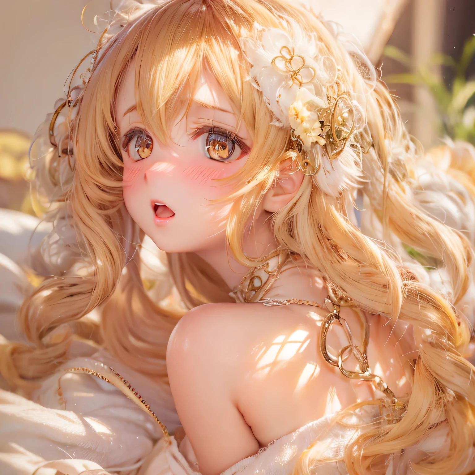 detailed, Beautiful woman with expressive eyes, Perfect Face, Long golden hair, Golden Eyes, Pでk Lips, Attention to detail, Anime Style, Bright colors, cute, Thick and sensual lips, Curvaceous and sensual body, Blush, Rye and Bed. poor、Looking back over her shoulder in a sexy pose