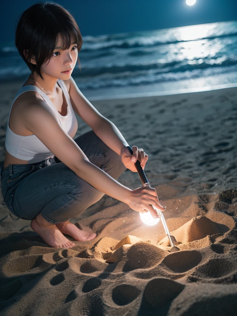 photo realistic, a Korean girl, short hair, wearing a gray tanktop, short jeans, was squatting on the beach with his hands raking through the sand and piles of small white eggs, outdoor atmosphere on the beach at night, pitch black, flashlight focused on him. 