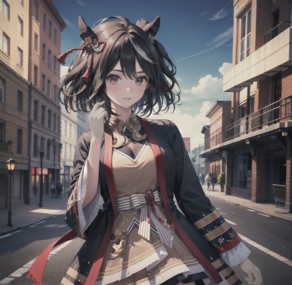 Anime girl with long hair and black hair, Hairstyle is Wolf、Detailed Digital Anime Art, Anime Art Wallpapers8K, anime art wallpaper 4k, Detailed anime artwork, , high detailed official artwork, anime fantasy illustration, anime style 4 k, detailed anime art, detailed portrait of an anime girl、arknights、Buildings eroded by vegetation、( girl)、made in abyss、A devastated world