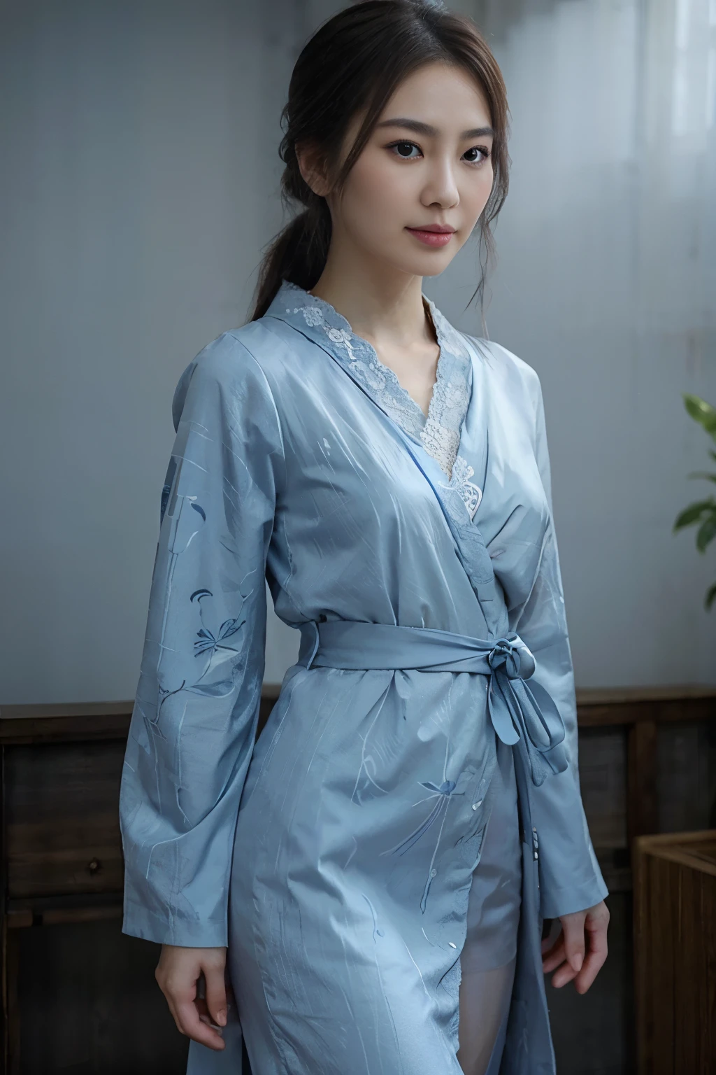 delicate makeup, beautiful Japanese woman with a slender body, white skin and angelic face, long hair up., wearing a Japanese kimono style dress with lace details, blue and gray colors.