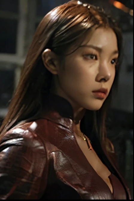 Highest quality, Realistic, Front view, City streets in Kristana TX, at night, dark, (Korean female supermodels), (Wine Red Leather Jacket:1.0), Cleavage, Big Breasts, Serious face, (Long Hair), (dark hair) (Straight hair:1.1), Perfect Face, Perfect Eyes, (Deep Focus), (Bright lighting), (Soft lighting:1.0)