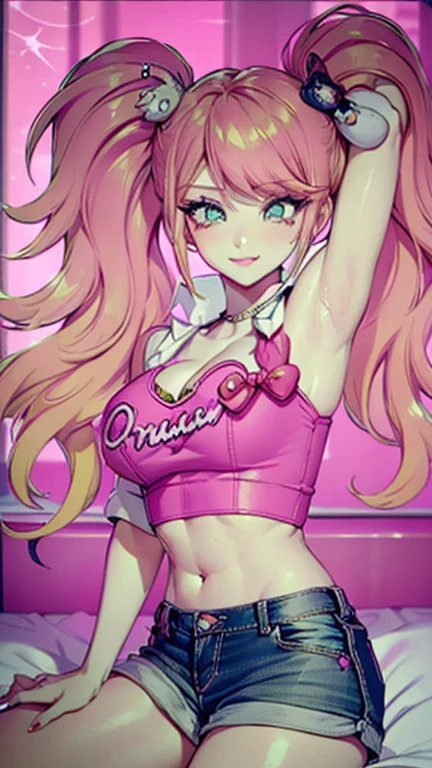 (orange hair), (1girl), green eyes, big lips, pretty lips, ((gyaru)), gyaru hairstyle, (pink crop top), (short jean skirt), ((masterpiece)), ((best quality)), soft shading, underboob peak, highres, smile, thick body, ((pink highlights)), luxury apartment, on bed, sexy POV,