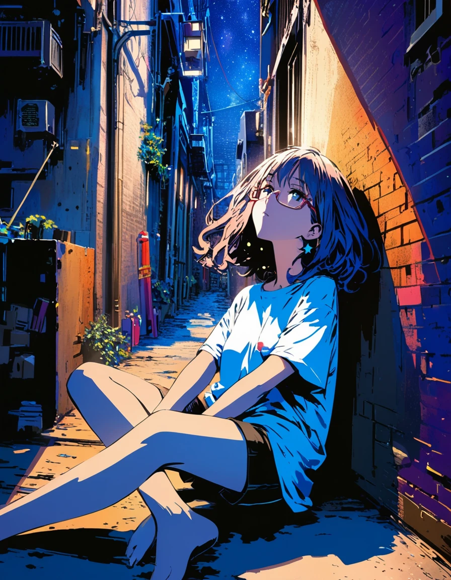 Very detailed:1.3, (Absurd, texture, masterpiece), pixiv Contest Winner, John Berkey, Dynamic cartoon style illustration of a girl wearing glasses,Sitting with legs crossed, Starry sky inner hair,Dark aesthetic,Euphoric,Oversized T-shirt,Black shorts,Beautiful woman,Old alley background, Dozing off,Crayon colored Zentangle,overview,Anime key visual,