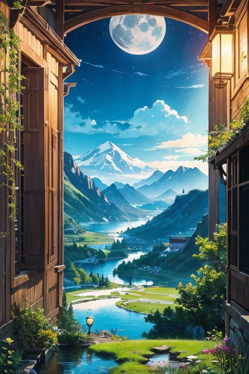 Highest quality、masterpiece、Landscape painting、Moon, Mountains and Lakes、night、Surrealism