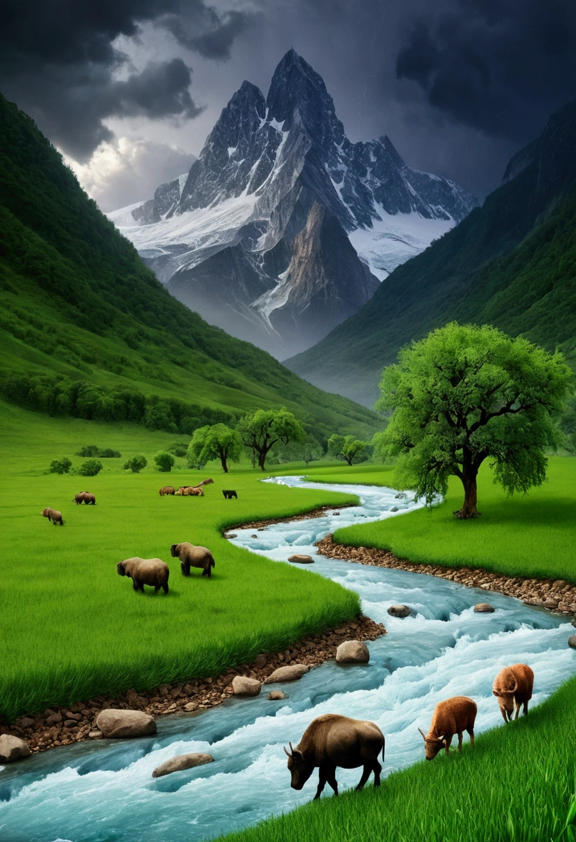 Big mountains,long trees,rainfall,storm,animals,ice,big river,green grass