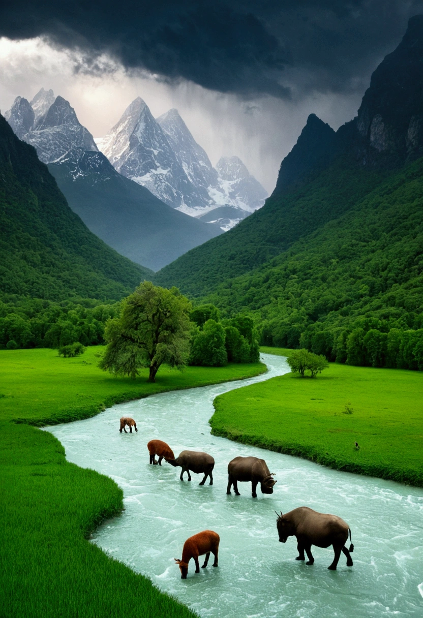 Big mountains,long trees,rainfall,storm,animals,ice,big river,green grass