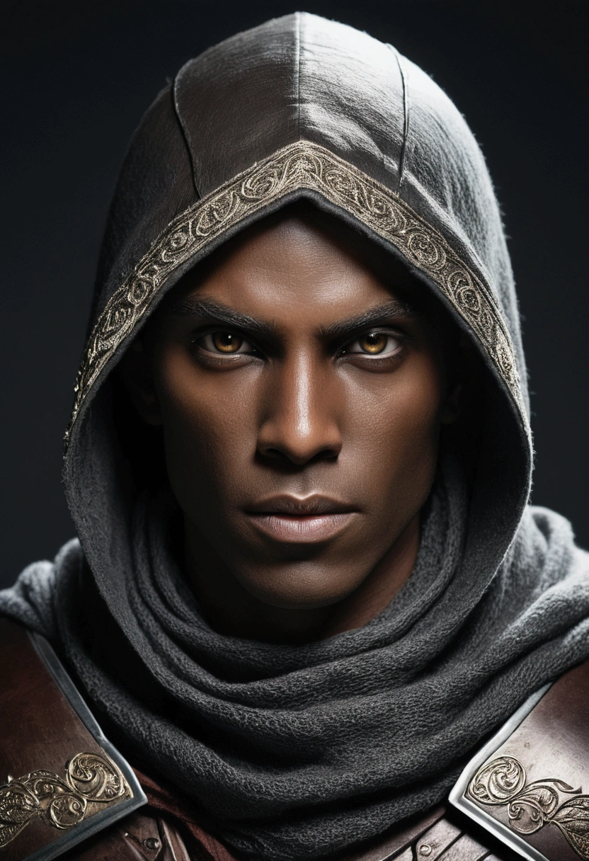 Low elf with dark skin, with silver eyes, black hair, the face is unremarkable and covered with a scarf, wearing light leather armor and a hood.