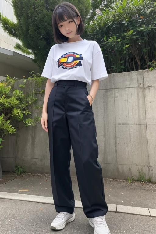 (Highest quality)), ((masterpiece)), (detailed), woman、whole body、Dickies trousers、Outdoor Festival、Japanese、high school student、Bob、Band T-Shirts、Sunburn、low length、