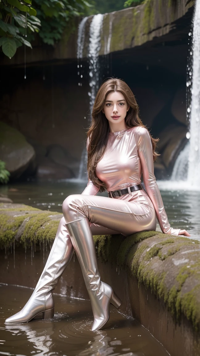 Young Anne Hathaway has long brown hair,Wearing a pink shiny full body suit,Full breasts,Long legs,Over the knee boots,Wear a belt,Sitting in the mud under the waterfall,Water flows from head to toe,The body is covered with water droplets,Wet hair,Full body picture,Realistic
