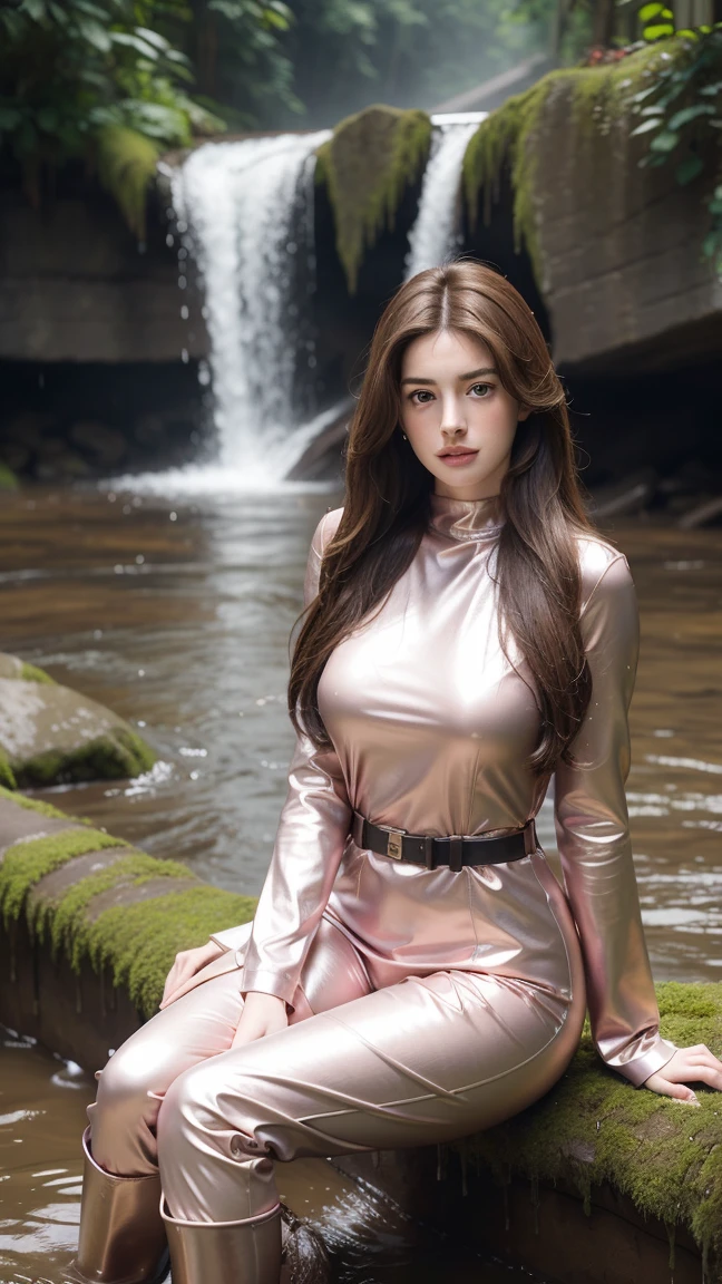 Young Anne Hathaway has long brown hair,Wearing a pink shiny full body suit，Full breasts，Long legs，Over the knee boots，Wear a belt，Sitting in the mud under the waterfall，Water flows from head to toe，The body is covered with water droplets，Wet hair，Full body picture，Realistic