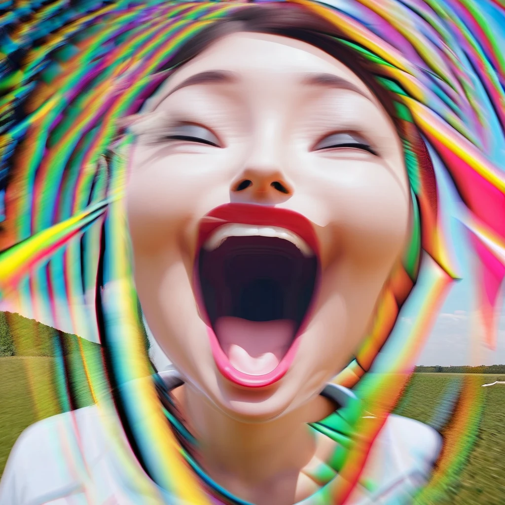 funny face, girl whose face has been deformed by strong winds and turned into an amazingly funny face, Droste effect, wind effect, slow motion effect, meme image, various effects, 2.5D, delicate and dynamic, conceptual installation pop art