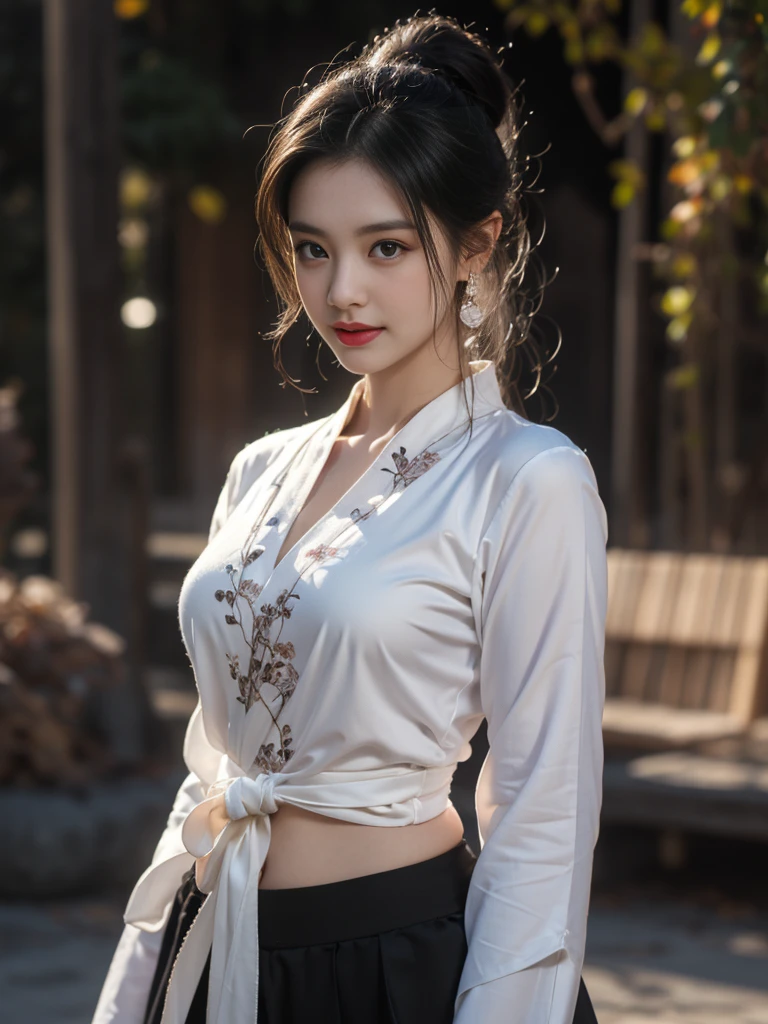 1 beautiful girl in Hanfu costume, ((thin black and white silk shirt with many patterns)), white lace shirt, long platinum purple ponytail. Hair, Jewelry, earrings, thin black silk scarf, carefully drawn big purple eyes, careful makeup, thin eyebrows, high nose, beautiful red lips, cheerful smile, pursed lips, rosy cheeks, wide chest, big chest, shapely chest, slim waist, shapely buttocks, purple mesh stockings, Chinese hanfu style, fictional art texture, many bright and realistic colors, RAW Photos, Realistic Photos , ultra high quality 8k surreal photo, (effective fantasy lighting effect: 1.8), 10 x pixels, magic effect (Background): 1.8), super detailed eyes, full body portrait of girl, vineyard, dynamic, pose