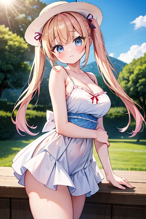 Highest quality,masterpiece,8k,Anime Style,Blondehair,pinkhair with blue eyes、camisole、race,White camisole dress micromini skirt,Cleavage,Side view,Large Breasts、,looking back,bare back,sidetie panties,NSFW, Twin tails、Cute eyes,Sun hat(Sun hat),Japanese Festivals,Stall,evening,Smooth thighs,Accentuate your breasts,