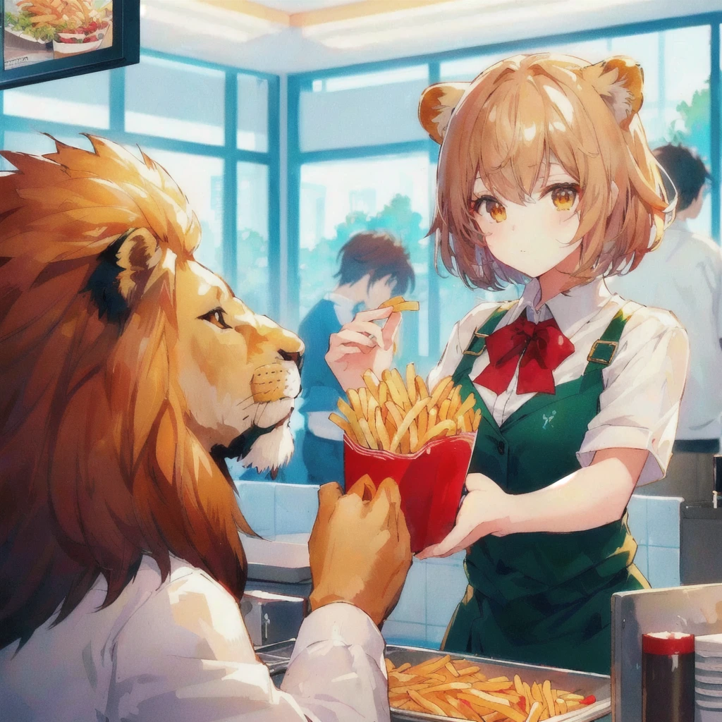 Anime girl eating french fries with a lion in a restaurant, Anime Food, High quality anime art style, 4k anime wallpaper, Realistic Anime 3D Style, with fries, Anime Style 4k, anime art wallpaper 4k, anime art wallpaper 4k, 80s anime style,Beautiful anime art style, Sakima chant, ❤🔥🍄🌪, Anime Art Wallpapers 8K