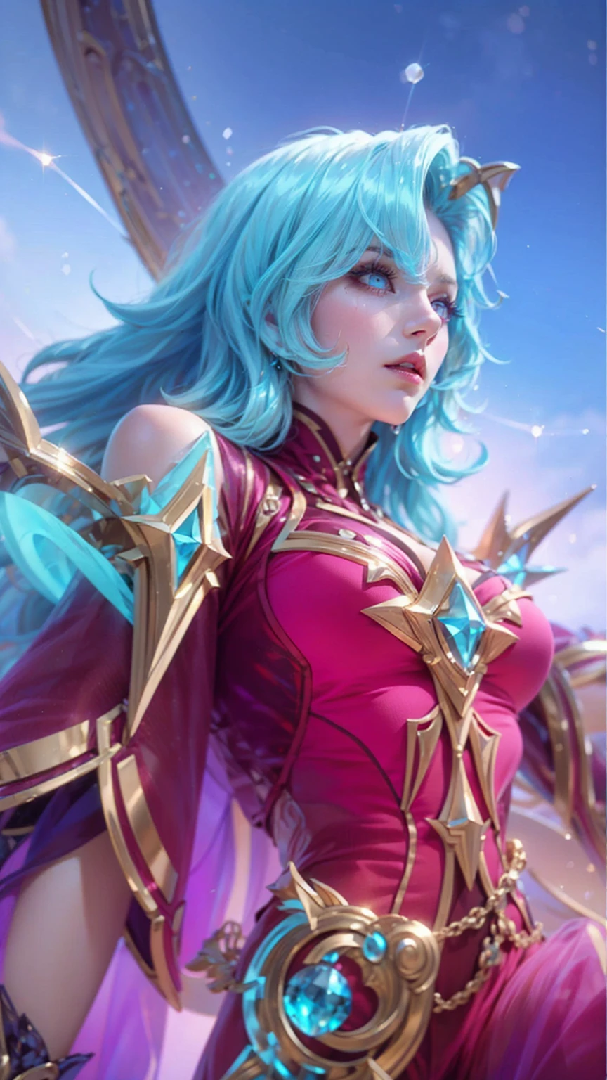Realistic, High Quality. Blue hair vampire girl, side-swept, shoulder length hair. European girl, a 25 years old girl, almond eyes. Beautiful model, Pale white skin. realistic skin, cleavage, slim body shape, extremely detailed hair, delicate sexy face, gazing away, violet shiny lips. Astral Vibes.