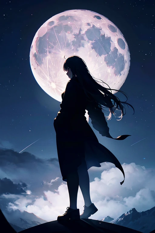 Highest quality,Big moon and shadow,A silhouette of a person can be seen against the backdrop of a large moon.,There is one full moon,There is a mood,Beautiful scenery,Starry Sky