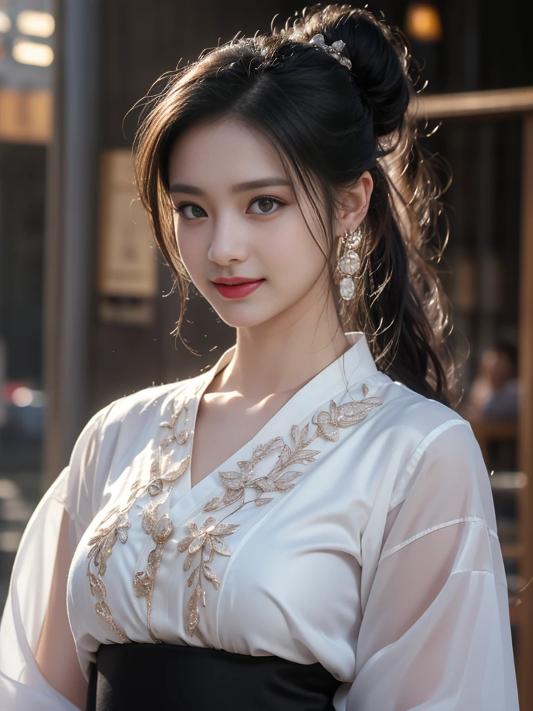 1 beautiful girl in Hanfu costume, ((thin black and white silk shirt with many patterns)), white lace shirt, long platinum purple ponytail. Hair, Jewelry, earrings, thin black silk scarf, carefully drawn big purple eyes, careful makeup, thin eyebrows, high nose, beautiful red lips, cheerful smile, pursed lips, rosy cheeks, wide chest, big chest, shapely chest, slim waist, shapely buttocks, purple mesh stockings, Chinese hanfu style, fictional art texture, many bright and realistic colors, RAW Photos, Realistic Photos , ultra high quality 8k surreal photo, (effective fantasy lighting effect: 1.8), 10 x pixels, magic effect (Background): 1.8), super detailed eyes, full body portrait of girl, vineyard, dynamic, pose