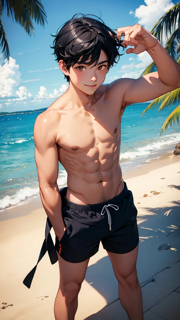 Highest quality、Realistic、boy、zoom、cute、Orange eyes、Black Hair、short hair、Navy blue swim pants、A well-trained body、Dark Skin、smile、Summer Sea、Selfie with smartphone、Bust Shot、　　