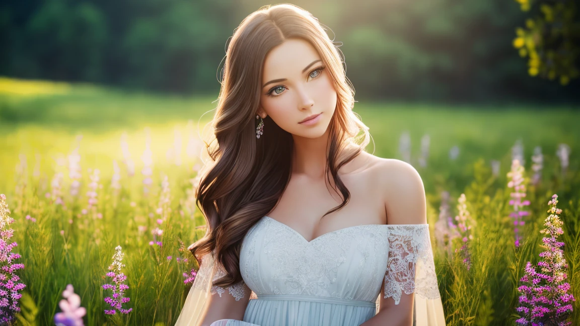 A beautiful girl in a flowery spring countryside, elegant long dress, flowing hair, delicate facial features, surrounded by lush green nature, wildflowers, rustic wooden house, warm golden sunlight, cinematic lighting, highly detailed, photorealistic, intricate details, vibrant colors, dreamlike quality, (best quality,4k,8k,highres,masterpiece:1.2),ultra-detailed,(realistic,photorealistic,photo-realistic:1.37),studio lighting,professional,vivid colors,bokeh