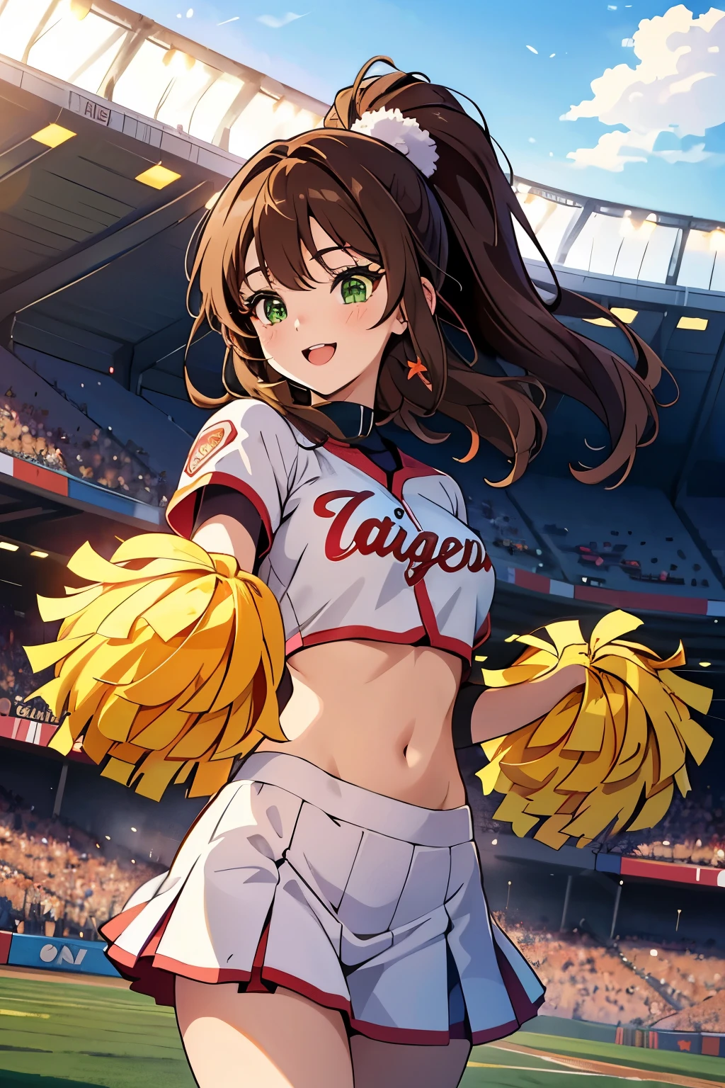 ((masterpiece, Highest quality, High resolution, 超High resolution, Pixel perfect, Written boundary depth, 4K, RTTX 10.0, High resolution))), 1 girl, single, alone, Beautiful Anime Girls, Beautiful art style, Anime characters, ((Shortcuts, bangs, Dark brown hair)), ((Green Eyes:1.4, Round eyes, Beautiful eyelashes, current eyes)), ((Smooth texture:0.75, Anime CG style)), Medium chest, ((Dynamic Angle, close)), Perfect body, (pretty girl), 1girl, solo, Baseball stadium setting with a lively atmosphere. A single cheerleader in a vibrant, colorful uniform stands near the stands, cheering energetically. She holds pom-poms and is mid-dance, with a big smile on her face. The background shows excited fans in the stands, some waving flags and wearing team colors. The field and some players warming up can be seen in the distance. The scene is sunny and bright, capturing the lively energy of a game day.