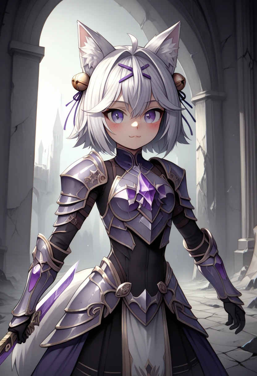 UHD, masterpiece, best quality, extremely detailed, (anatomically correct), sharp focus, midnight, gloomy atmosphere, frontal light, soft light, diffused light, shade, no shadow, ((battlefield)), abandoned castle, broken castle, broken walls, broken floors, broken windows, broke glass, 1girl, solo, Filian, fox tail, small cat ears, white hair, short hair, ahoge, hairclip, hair ornament, hair bell, big eyes, deep violet eyes, blush, closed mouth, slight smile, white knights armor, metal breastplate, metal gauntlet, armored skirt, slim arms, wielding purple crystal sword, Eye-Level Shot, front view, upper body pose,
