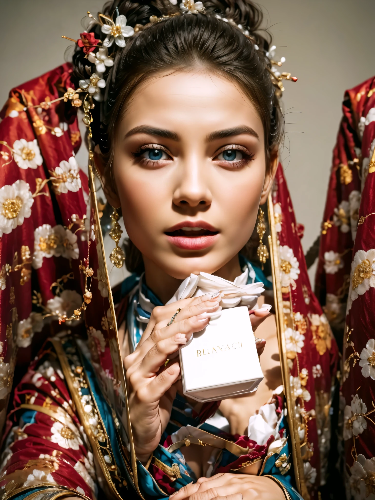 Detailed woman face looking at camera., blue eyes, (((almond eyes))), hot (((thick red lips))), mouth open sensually, correct deformed fingers, photorealistic, (((eyes to the camera))), smiling