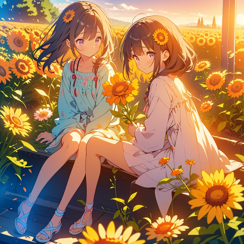 kawaii, anime, Cute, hyper quality, highly detailed, 8k, Clarity, Draw facial expressions in detail, Girl with long dark brown hair and green eyes, Girl with long pale pink hair and purple eyes looking back, small calendula at my feet, A hill with small, low calendula growing in clusters at the foot, Inciting point of view, Calendula petals are dancing, back to back, look down with a sad expression, Turning face, whole body, draw two people, small calendula at my feet, small Calendula officinalis at my feet, dress, farewell, Loneliness, sadness of parting, Sad, broken heart,