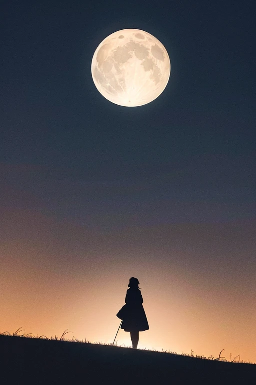 Highest quality,Big moon and shadow,A silhouette of a person can be seen against the backdrop of a large moon.,There is one full moon,There is a mood,Beautiful scenery,Starry Sky