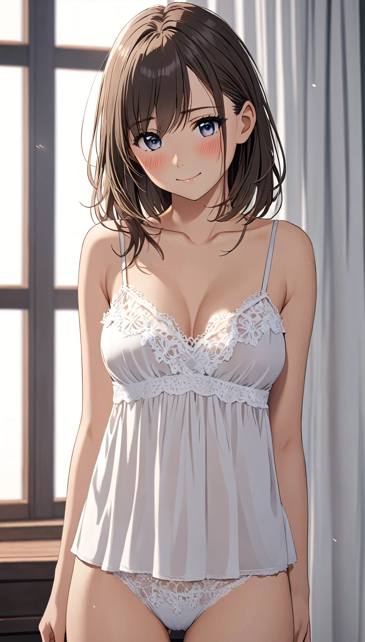 detailed eyes, 1girl, a young woman in a delicate, lace-trimmed camisole top and matching panty, standing, cinematic composition, shy smile, ((blush)), middle breasts, simple background, best quality, ultra-detailed, middle hair,